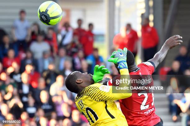 Guingamp's French forward Marcus Thuram vies with Monaco's Senegalese goalkeeper Seydou Sy during the French L1 football match between Guingamp and...