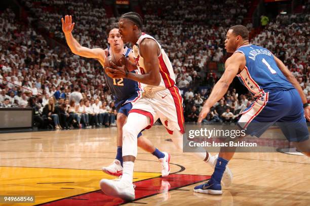 Josh Richardson of the Miami Heat drives to the basket against the Philadelphia 76ers in Game Four of the Eastern Conference Quarterfinals during the...