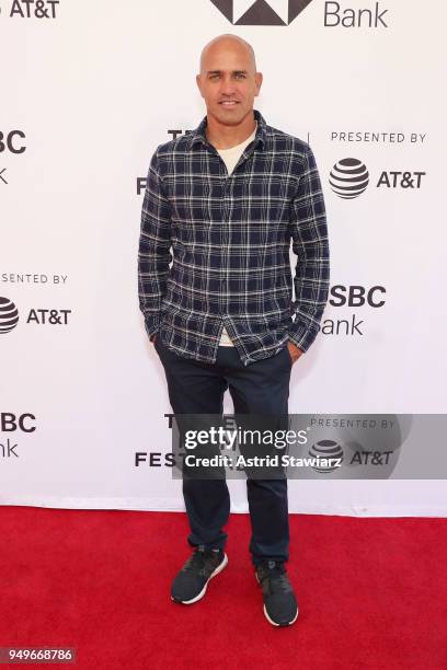 Surfer Kelly Slater attends a screening for "Momentum Generation" during te 2018 Tribeca Film Festival at SVA Theatre on April 21, 2018 in New York...