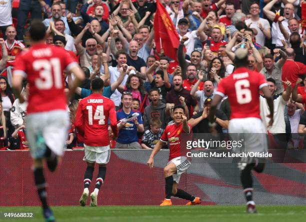 Alexis Sanchez of Man Utd celebrates his goal during the FA Cup semi final between Manchester United and Tottenham Hotspur at Wembley Stadium on...
