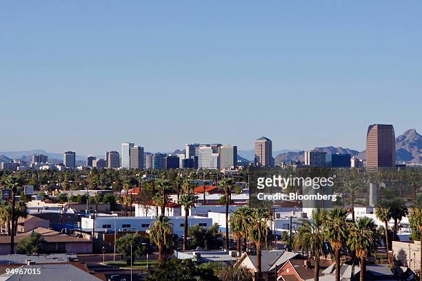 Buildings dot the skyline of Phoenix, Arizona, U.S., on Tuesday, Aug. 18, 2009. The housing slump has spread to commercial real estate in the Phoenix...