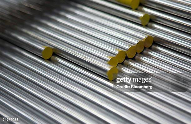 Lengths of aluminum rods sit in the warehouse at Righton metal distributors in Birmingham, U.K., on Wednesday, Aug. 19, 2009. Copper rose from a...