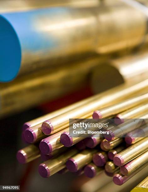 Lengths of brass rods sit in the warehouse at Righton metal distributors in Birmingham, U.K., on Wednesday, Aug. 19, 2009. Copper rose from a...