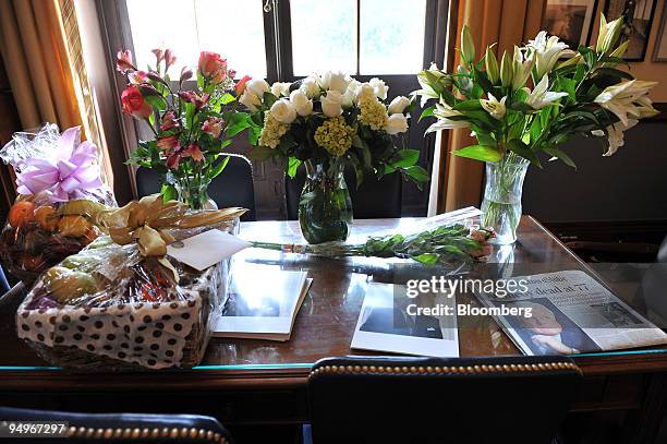 Memorial flowers and gifts on a desk inside former Senator Edward M. "Ted" Kennedy's office in the Russell Senate office building in Washington,...