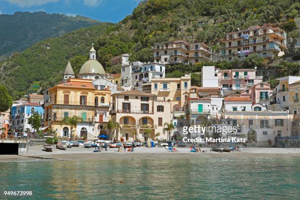 city view and beach, fishing town cetara, amalfi coast, campania, italy - cetara fotografías e imágenes de stock