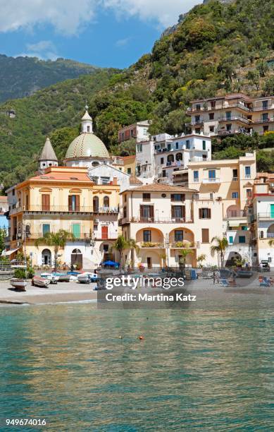 city view and beach, fishing town cetara, amalfi coast, campania, italy - cetara fotografías e imágenes de stock