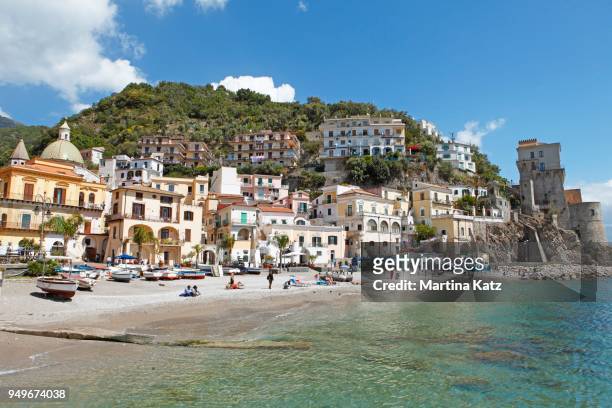 city view and beach, fishing town cetara, amalfi coast, campania, italy - cetara stock pictures, royalty-free photos & images