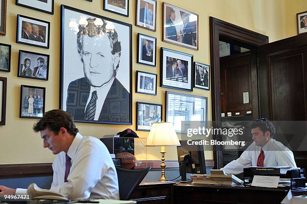 Henry Sanford, left, and Royal Karstens, staffers for former Senator Edward M. "Ted" Kennedy, work in his office in the Russell Senate office...