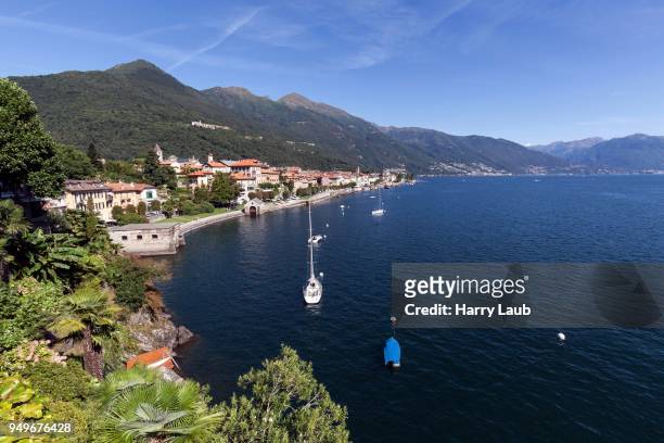 view of the old town of cannobio and the surrounding mountains, lago maggiore, verbano-cusio-ossola province, piedmont region, italy - province of verbano cusio ossola stock pictures, royalty-free photos & images