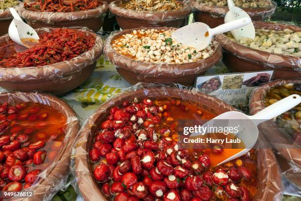 antipasti at a market stall in cannobio, lago maggiore, verbano-cusio-ossola province, piedmont region, italy - province of verbano cusio ossola stock pictures, royalty-free photos & images