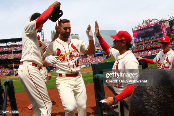 Manager Mike Matheny of the St. Louis Cardinals congratulates Paul DeJong of the St. Louis Cardinals after DeJong's two-run home run against the...