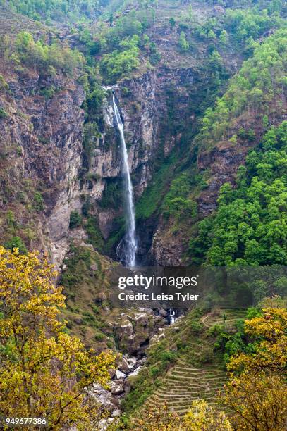 Waterfall on the Manaslu Circuit near Machakhola, a two days walk from the trailhead at Arugath Bazaar. The 16-day Manaslu Circuit is part of the...