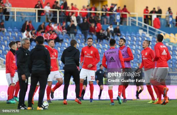 Benfica players in action during warm up before the start of the Primeira Liga match between GD Estoril Praia and SL Benfica at Estadio Antonio...