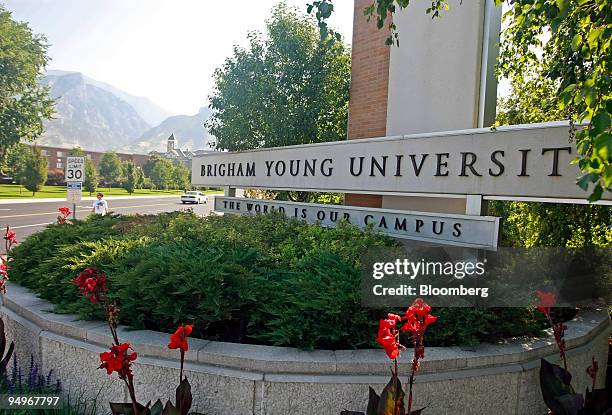 Sign stands at the main entrance to the campus of Brigham Young University in Provo, Utah, U.S., on Tuesday, Sept. 1, 2009. People in the Mormon...