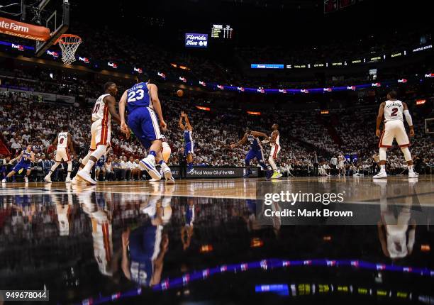 Justin Anderson of the Philadelphia 76ers shoots the ball against the Miami Heat in the first quarter during Game Four of Round One of the 2018 NBA...