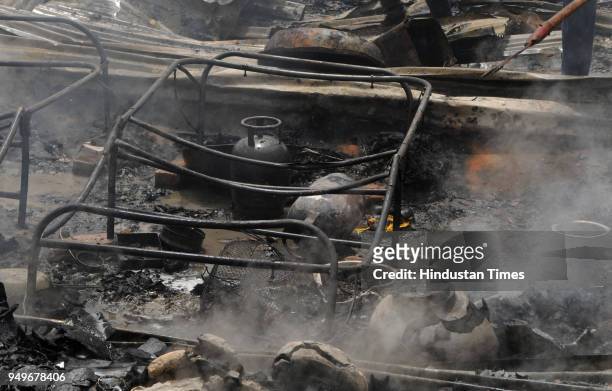 Shanties gutted in fire in sector-49 slums on April 21, 2018 in Gurgaon, India. Around 150 shanties were turned into ashes near Vatika Chowk. No...