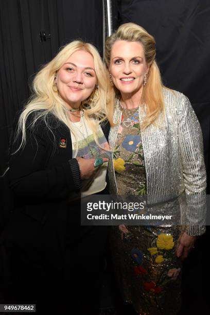 Elle King and Founder of Race To Erase MS Nancy Davis pose backstage at the 25th Annual Race To Erase MS Gala at The Beverly Hilton Hotel on April...