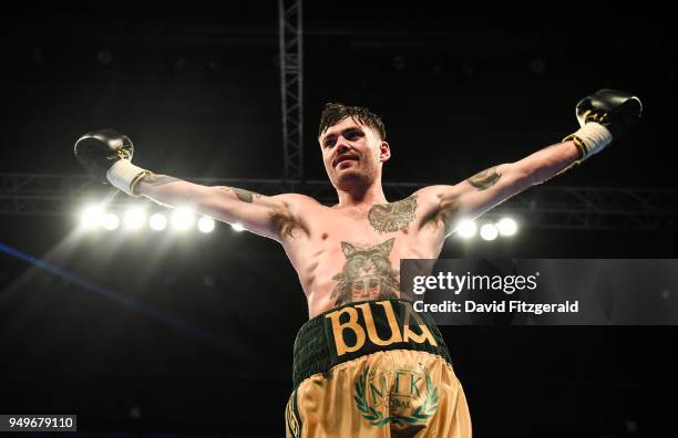 Belfast , Ireland - 21 April 2018; Tyrone McKenna celebrates after defeating Anthony Upton in their Super-Lightweight bout at the Boxing in SSE Arena...