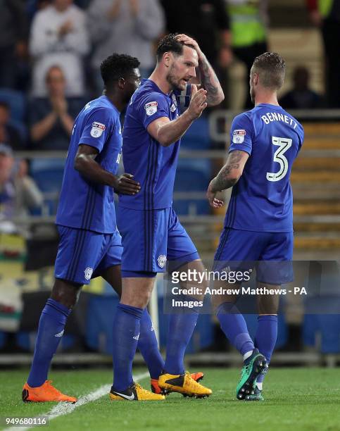 Cardiff City's Sean Morrison celebrates with his team mates after he scores their side's first goal of the game during the Sky Bet Championship match...
