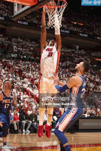 Hassan Whiteside of the Miami Heat dunks the ball against the Philadelphia 76ers in Game Four of the Eastern Conference Quarterfinals during the 2018...