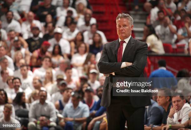 Head Coach Brett Brown of the Philadelphia 76ers looks on in Game Four of the Eastern Conference Quarterfinals against the Miami Heat during the 2018...