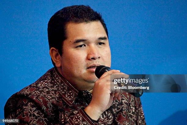 Hendi Prio Santoso, president director of PT Perusahaan Gas Negara, speaks to the media at the company's breaking of fast ceremony, in Jakarta,...
