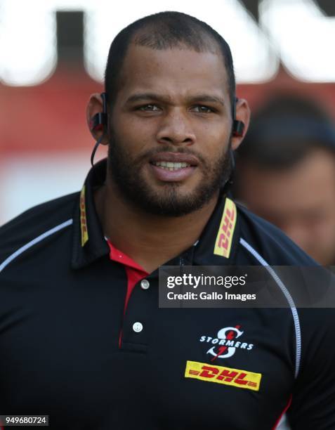 Nizaam Carr of The DHL Stormers during the Super Rugby match between Cell C Sharks and DHL Stormers at Jonsson Kings Park on April 21, 2018 in...