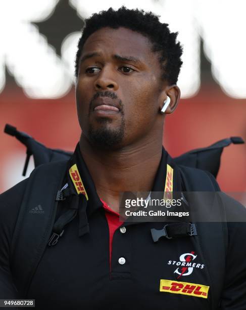 Sikhumbuzo Notshe of The DHL Stormers during the Super Rugby match between Cell C Sharks and DHL Stormers at Jonsson Kings Park on April 21, 2018 in...