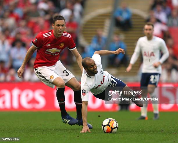 Lucas Moura of Tottenham is fouled by Nemanja Matic of Man Utd during the FA Cup semi final between Manchester United and Tottenham Hotspur at...