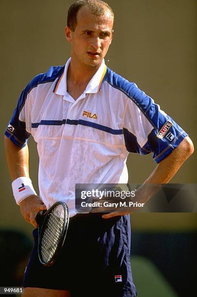 Andrei Medvedev of the Ukraine stands with his hands on his hips during a Davis Cup match against Great Britain. \ Mandatory Credit: Gary M...