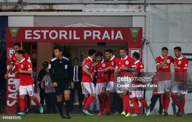 Benfica forward Rafa Silva from Portugal celebrates with teammates after scoring a goal after scoring a goal during the Primeira Liga match between...