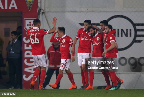 Benfica forward Rafa Silva from Portugal celebrates with teammates after scoring a goal after scoring a goal during the Primeira Liga match between...