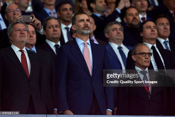 King Felipe VI of Spain and Inigo Mendez de Vigo look on prior to the Spanish Copa del Rey Final match between Barcelona and Sevilla at Wanda...