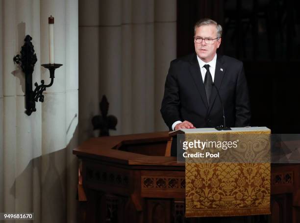Former Governor of Florida Jeb Bush speaks during the funeral for his mother, former first lady Barbara Bush at St. Martin's Episcopal Church on...