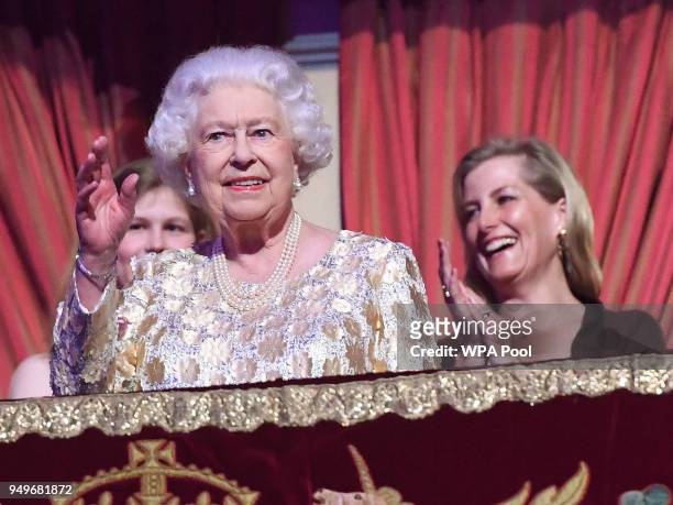 Sophie, Countess of Wessex looks on as Queen Elizabeth II greets the audience at the Royal Albert Hall for a star-studded concert to celebrate her...