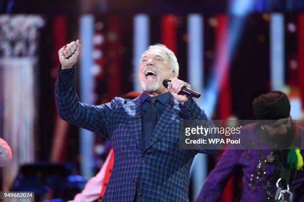 Sir Tom Jones performs at the Royal Albert Hall for a star-studded concert to celebrate the Queen's 92nd birthday on April 21, 2018 in London,...