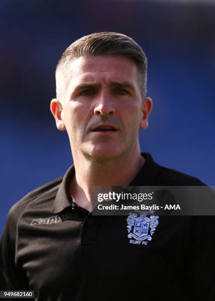 Ryan Lowe the head coach / manager of Bury during the Sky Bet League One match between Shrewsbury Town and Bury at New Meadow on April 21, 2018 in...