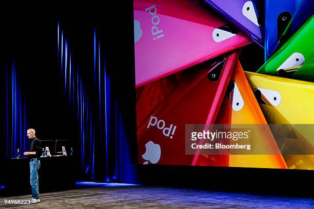 Steve Jobs, chief executive officer of Apple Inc., speaks about new iPod Nano music players during an Apple product event at the Yerba Buena Center...