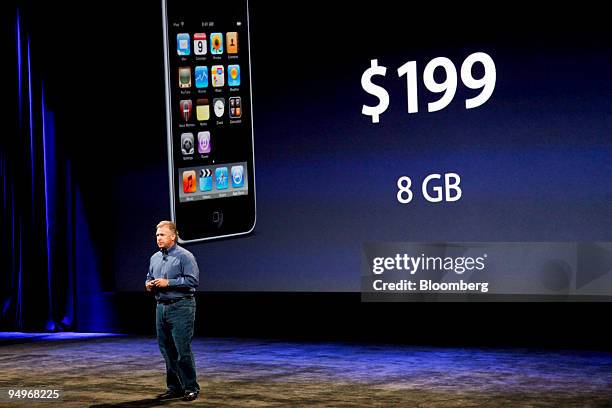 Philip Schiller, senior vice president of marketing at Apple Inc., talks about the price drop on iPod Touch 8GB models during an Apple product event...