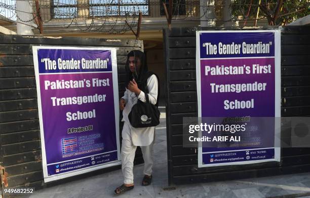 Pakistani student exit the first transgender school in Lahore on April 21 on the first day of class. - The school, 'The Gender Guardian', was...