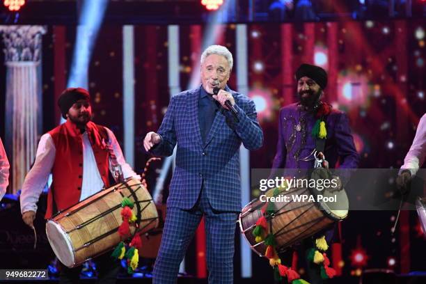 Sir Tom Jones performs at the Royal Albert Hall for a star-studded concert to celebrate the Queen's 92nd birthday on April 21, 2018 in London,...