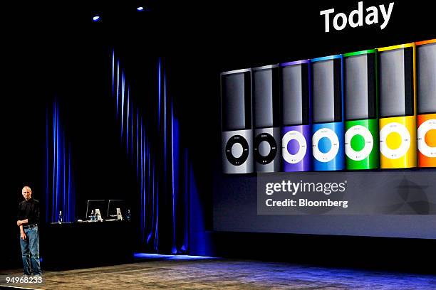 Steve Jobs, chief executive officer of Apple Inc., speaks about new iPod Nano music players during an Apple product event at the Yerba Buena Center...