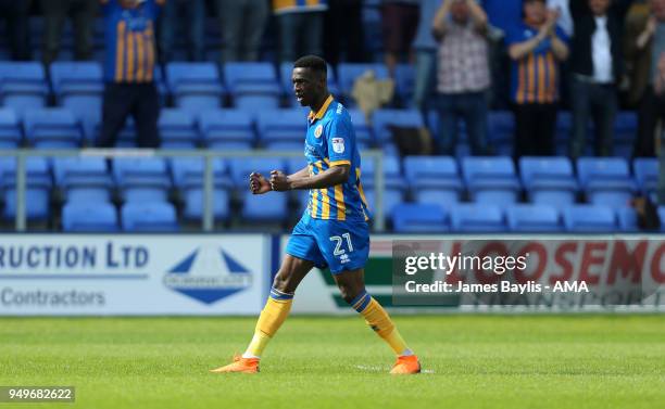 Abo Eisa of Shrewsbury Town celebrates after scoring a goal to make it 1-0 during the Sky Bet League One match between Shrewsbury Town and Bury at...