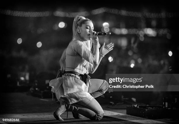 Ariana Grande performs with Kygo onstage during the 2018 Coachella Valley Music And Arts Festival at the Empire Polo Field on April 20, 2018 in...