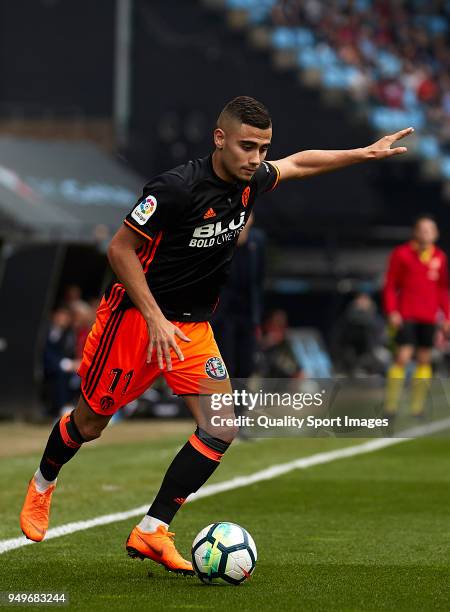 Andreas Pereira of Valencia CF in action during the La Liga match between Celta de Vigo and Valencia at Balaidos Stadium on April 21, 2018 in Vigo,...