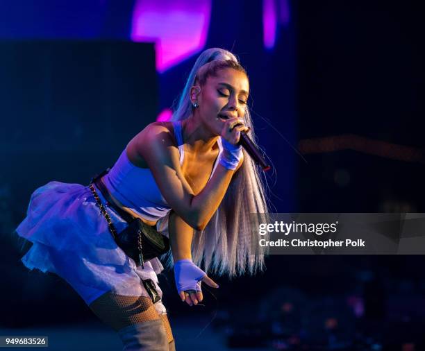 Ariana Grande performs with Kygo onstage during the 2018 Coachella Valley Music And Arts Festival at the Empire Polo Field on April 20, 2018 in...