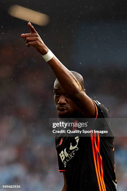 Geoffrey Kondogbia of Valencia CF reacts during the La Liga match between Celta de Vigo and Valencia at Balaidos Stadium on April 21, 2018 in Vigo,...