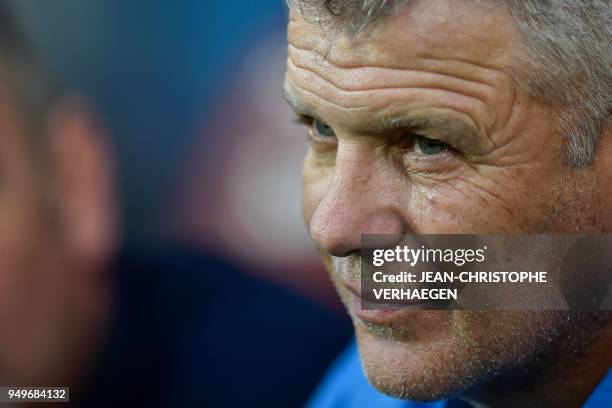 Caen's French head coach Patrice Garande looks on during the French L1 football match between Metz and Caen on April 21, 2018 at Saint Symphonise...