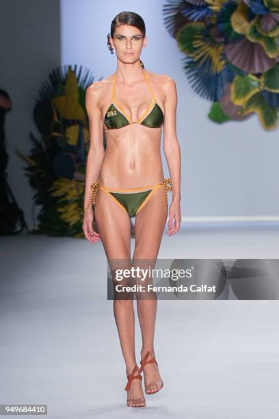 Model walks at Agua de Coco Runway at SPFW N45 Summer 2019 at Ibirapuera's Bienal Pavilion on April 21, 2018 in Sao Paulo, Brazil.