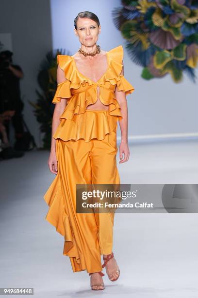 Model walks at Agua de Coco Runway at SPFW N45 Summer 2019 at Ibirapuera's Bienal Pavilion on April 21, 2018 in Sao Paulo, Brazil.